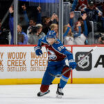 Oct 28, 2025; Denver, Colorado, USA; Colorado Avalanche center Martin Necas (88) celebrates after his goal in the first period against the New Jersey Devils at Ball Arena. Mandatory Credit: Isaiah J. Downing-Imagn Images