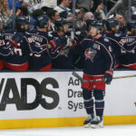 Oct 29, 2025; Columbus, Ohio, USA; Columbus Blue Jackets defenseman Zach Werenski (8) celebrates his goal against the Toronto Maple Leafs during the first period at Nationwide Arena. Mandatory Credit: Russell LaBounty-Imagn Images