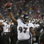 Jan 20, 2013; Foxboro, MA, USA; Baltimore Ravens defensive end Arthur Jones (97) celebrates after recovering a fumble in the fourth quarter against the New England Patriots during the AFC championship game at Gillette Stadium.