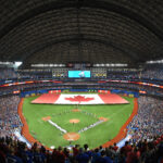 Jul 1, 2015; Toronto, Ontario, CAN; Fans stand as the national anthems are played and a Canadian flag unfurled at center field during Canada Day ceremonies before the Boston Red Sox play the Toronto Blue Jays at Rogers Centre. Mandatory Credit: Dan Hamilton-USA TODAY Sports