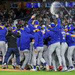 Oct 8, 2025; Bronx, New York, USA; The Toronto Blue Jays celebrate after beating the New York Yankees to win the ALDS round for the 2025 MLB playoffs at Yankee Stadium.