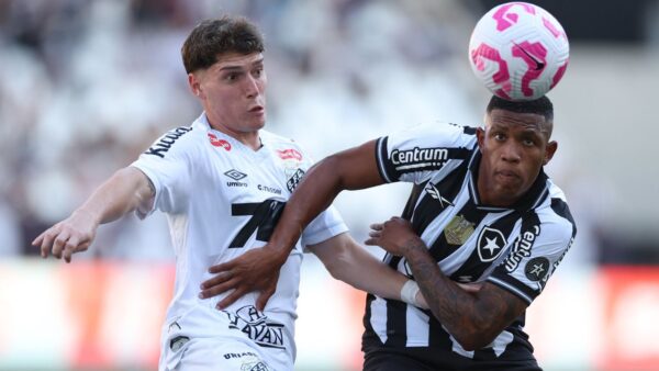 Rollheiser e Danilo em lance da partida entre Botafogo 2 x 2 Santos - Brasileir&atilde;o, 26/10/2025