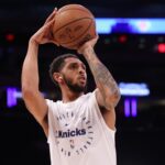 May 29, 2025; New York, New York, USA; New York Knicks guard Cameron Payne (1) warms up before game five against the Indiana Pacers in the eastern conference finals for the 2025 NBA Playoffs at Madison Square Garden.