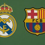 Escudos de Real Madrid e Barcelona e um fundo verde