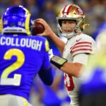 Oct 2, 2025; Inglewood, California, USA; San Francisco 49ers quarterback Mac Jones (10) drops back to pass against the Los Angeles Rams during overtime at SoFi Stadium.