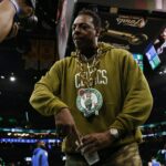Jun 9, 2024; Boston, Massachusetts, USA; Boston Celtics former player Paul Pierce looks into a video camera on the court before game two of the 2024 NBA Finals between the Boston Celtics and the Dallas Mavericks at TD Garden.