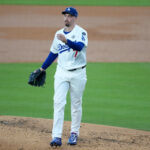 Oct 29, 2025; Los Angeles, California, USA; Los Angeles Dodgers pitcher Blake Snell (7) reacts in the second inning against the Toronto Blue Jays during game five of the 2025 MLB World Series at Dodger Stadium.