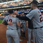 Oct 2, 2025; Cleveland, Ohio, USA; Detroit Tigers celebrate after winning the Wildcard round against the Cleveland Guardians for the 2025 MLB playoffs at Progressive Field.