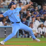 Oct 29, 2025; Los Angeles, California, USA; Toronto Blue Jays pitcher Trey Yesavage (39) pitches against the Los Angeles Dodgers in the seventh inning during game five of the 2025 MLB World Series at Dodger Stadium.
