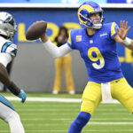 Rams Panthers Oct 16, 2022; Inglewood, California, USA; Los Angeles Rams quarterback Matthew Stafford (9) throws a pass in the third quarter against the Carolina Panthers at SoFi Stadium. Mandatory Credit: Robert Hanashiro-USA TODAY Sports