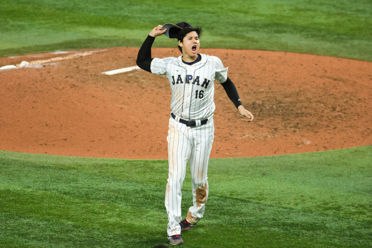 Mar 21, 2023; Miami, Florida, USA; Japan relief pitcher Shohei Ohtani (16) celebrates after defeating Team USA to win the World Baseball Classic at LoanDepot Park. Mandatory Credit: Sam Navarro-USA TODAY Sports