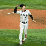 Mar 21, 2023; Miami, Florida, USA; Japan relief pitcher Shohei Ohtani (16) celebrates after defeating Team USA to win the World Baseball Classic at LoanDepot Park. Mandatory Credit: Sam Navarro-USA TODAY Sports