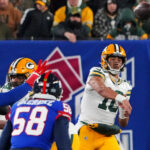 Packers Giants Dec 11, 2023; East Rutherford, New Jersey, USA; Green Bay Packers quarterback Jordan Love (10) throws a pass during the fourth quarter against the New York Giants at MetLife Stadium. Mandatory Credit: Robert Deutsch-USA TODAY Sports