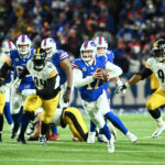Bills Steelers Jan 15, 2024; Orchard Park, New York, USA; Buffalo Bills quarterback Josh Allen (17) runs the ball in the first half against the Pittsburgh Steelers in a 2024 AFC wild card game at Highmark Stadium. Mandatory Credit: Mark Konezny-USA TODAY Sports