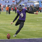 Jan 28, 2024; Baltimore, Maryland, USA; Baltimore Ravens place kicker Justin Tucker (9) warms up prior to the AFC Championship football game against the Kansas City Chiefs at M&T Bank Stadium. Mandatory Credit: Geoff Burke-USA TODAY Sports