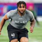 Cowboys Brian Schottenheimer Feb 29, 2024; Indianapolis, IN, USA; Western Michigan defensive lineman Marshawn Kneeland (DL41) works out during the 2024 NFL Combine at Lucas Oil Stadium. Mandatory Credit: Kirby Lee-USA TODAY Sports
