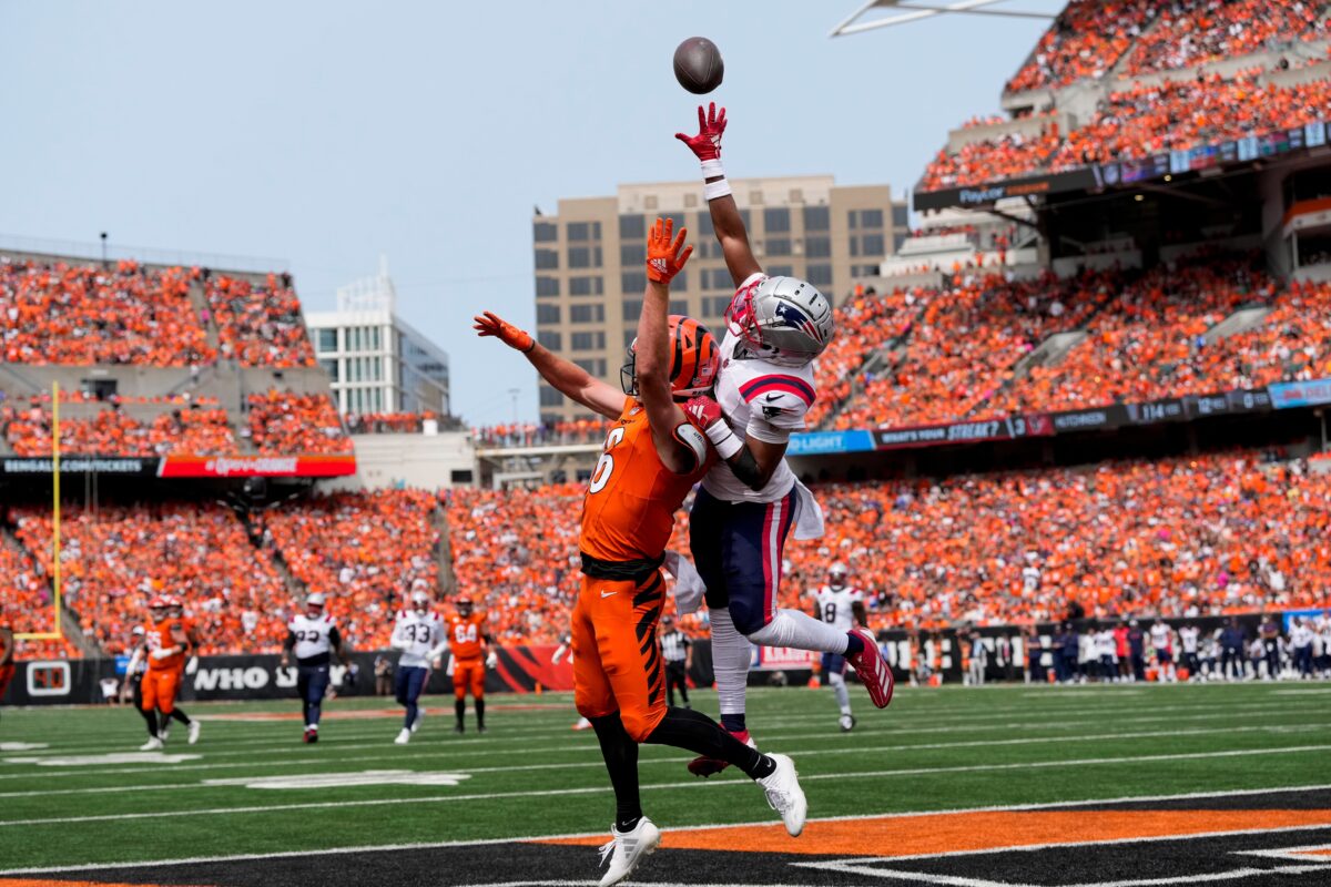 Patriots Bengals New England Patriots cornerback Marcus Jones (25) breaks up a pass in the end zone to Cincinnati Bengals wide receiver Trenton Irwin (16) in the second quarter of the NFL Week 1 game between the Cincinnati Bengals and the New England Patriots at Paycor Stadium in downtown Cincinnati on Sunday, Sept. 8, 2024.