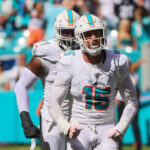 Sep 8, 2024; Miami Gardens, Florida, USA; Miami Dolphins linebacker Jaelan Phillips (15) celebrates after sacking Jacksonville Jaguars quarterback Trevor Lawrence (not pictured) during the fourth quarter at Hard Rock Stadium. Mandatory Credit: Sam Navarro-Imagn Images