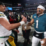 Eagles Packers Jan 12, 2025; Philadelphia, Pennsylvania, USA; Green Bay Packers quarterback Jordan Love (10) and Philadelphia Eagles quarterback Jalen Hurts (1) shake hands after the game in an NFC wild card game at Lincoln Financial Field. Mandatory Credit: Bill Streicher-Imagn Images