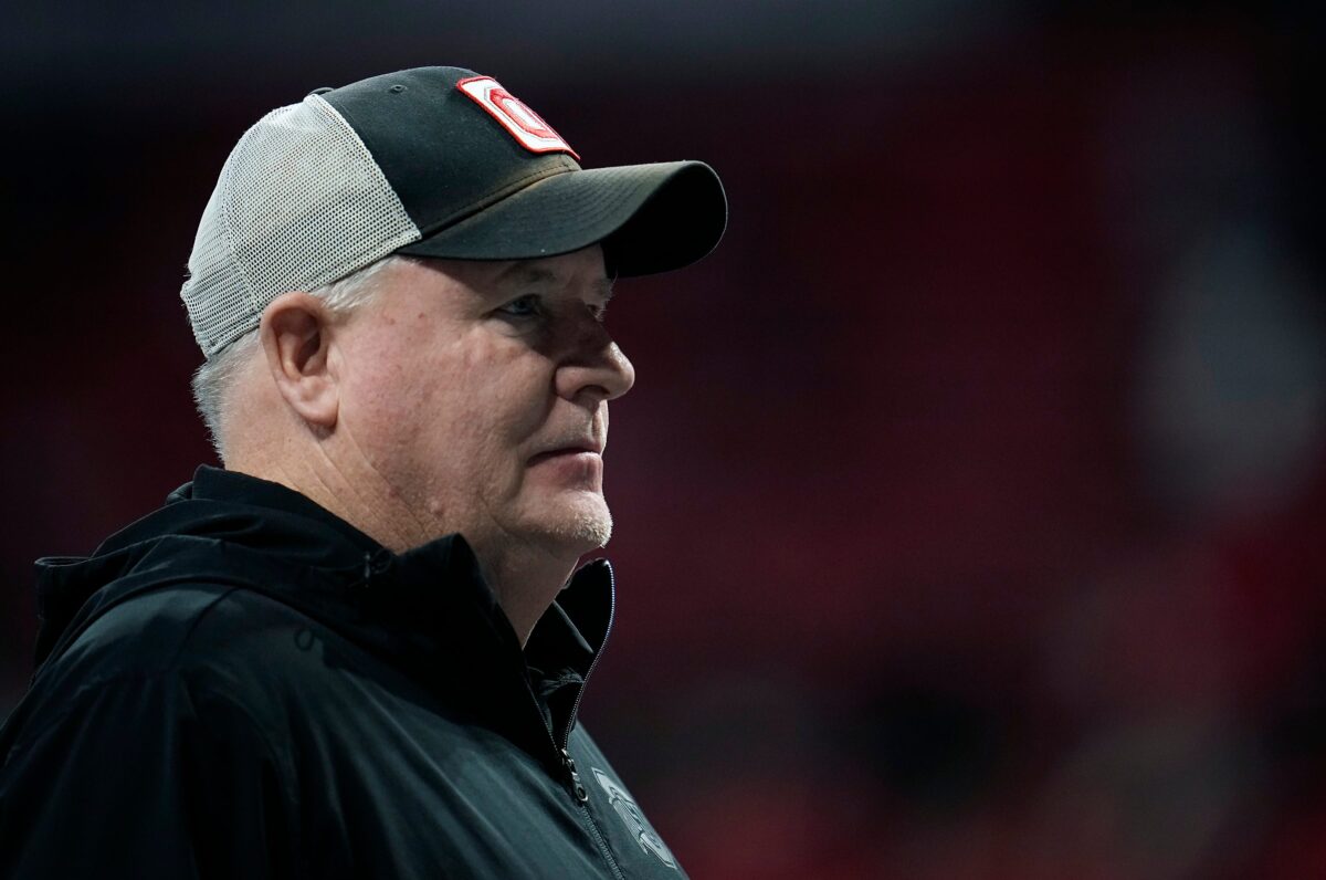 Raiders Ohio State offensive coordinator Chip Kelly watches warm ups before the start of the College Football Playoff National Championship at Mercedes-Benz Stadium in Atlanta on January 20, 2025.