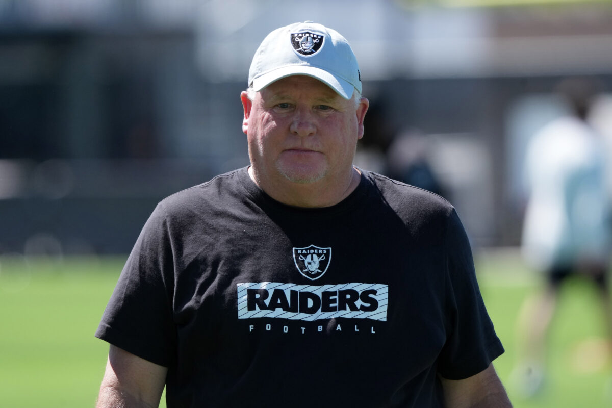 Jul 24, 2025; Henderson, NV, USA; Las Vegas Raiders offensive coordinator Chip Kelly during training camp at the Intermountain Healthcare Performance Center. Mandatory Credit: Kirby Lee-Imagn Images