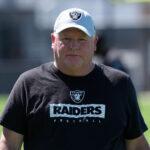 Jul 24, 2025; Henderson, NV, USA; Las Vegas Raiders offensive coordinator Chip Kelly during training camp at the Intermountain Healthcare Performance Center. Mandatory Credit: Kirby Lee-Imagn Images