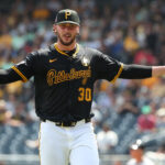 Jul 27, 2025; Pittsburgh, Pennsylvania, USA; Pittsburgh Pirates starting pitcher Paul Skenes (30) reacts after pitching six scoreless innings against the Arizona Diamondbacks at PNC Park. Mandatory Credit: Charles LeClaire-Imagn Images