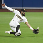 Jul 28, 2025; San Diego, California, USA; San Diego Padres right fielder Fernando Tatis Jr. (23) makes a catch on a ball hit by New York Mets third baseman Ronny Mauricio (10) during the sixth inning at Petco Park. Mandatory Credit: Denis Poroy-Imagn Images