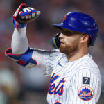 Aug 27, 2025; New York City, New York, USA; New York Mets left fielder Brandon Nimmo (9) reacts after a single during the ninth inning against the Philadelphia Phillies at Citi Field. Mandatory Credit: Vincent Carchietta-Imagn Images