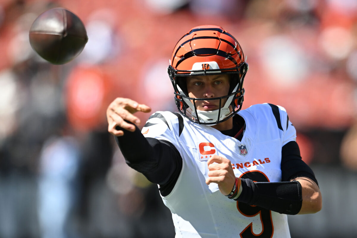 Sep 7, 2025; Cleveland, Ohio, USA; Cincinnati Bengals quarterback Joe Burrow (9) warms up before the game against the Cleveland Browns at Huntington Bank Field. Mandatory Credit: Ken Blaze-Imagn Images