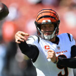 Sep 7, 2025; Cleveland, Ohio, USA; Cincinnati Bengals quarterback Joe Burrow (9) warms up before the game against the Cleveland Browns at Huntington Bank Field. Mandatory Credit: Ken Blaze-Imagn Images