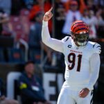 Cincinnati Bengals defensive end Trey Hendrickson (91) celebrates as time winds down in the fourth quarter of the NFL Week 1 game between the Cleveland Browns and the Cincinnati Bengals at Huntington Bank Field in Cleveland on Sunday, Sept. 7, 2025. The Bengals begin the season with a 17-16 win over the Browns.
