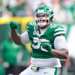 Sep 7, 2025; East Rutherford, New Jersey, USA; New York Jets defensive tackle Quinnen Williams (95) celebrates after a defensive stop during the game against the Pittsburgh Steelers at MetLife Stadium. Mandatory Credit: Vincent Carchietta-Imagn Images