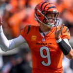Cincinnati Bengals quarterback Joe Burrow (9) throws a pass in the first quarter of the NFL Week 2 game between the Cincinnati Bengals and the Jacksonville Jaguars at Paycor Stadium in downtown Cincinnati on Sunday, Sept. 14, 2025. The Jaguars led 17-10 at halftime.