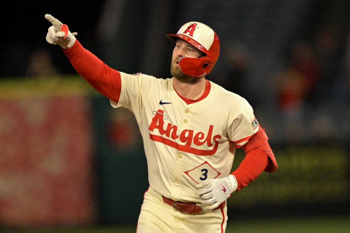 Sep 24, 2025; Anaheim, California, USA; Los Angeles Angels left fielder Taylor Ward (3) rounds the bases after hitting a solo home run in the third inning against the Kansas City Royals at Angel Stadium. Mandatory Credit: Jayne Kamin-Oncea-Imagn Images