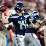 Cardinals Seahawks Sep 25, 2025; Glendale, Arizona, USA; Seattle Seahawks quarterback Sam Darnold (14) against the Arizona Cardinals at State Farm Stadium. Mandatory Credit: Mark J. Rebilas-Imagn Images