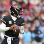 Oct 5, 2025; Glendale, Arizona, USA; Arizona Cardinals quarterback Kyler Murray (1) looks to throw against the Tennessee Titans during the second quarter at State Farm Stadium. Mandatory Credit: Joe Camporeale-Imagn Images
