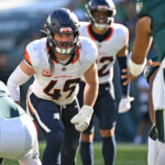 Oct 5, 2025; Philadelphia, Pennsylvania, USA; Denver Broncos linebacker Alex Singleton (49) against the Philadelphia Eagles at Lincoln Financial Field. Mandatory Credit: Eric Hartline-Imagn Images