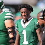 Oct 19, 2025; East Rutherford, New Jersey, USA; New York Jets cornerback Sauce Gardner (1) looks on from the sidelines during the third quarter against the Carolina Panthers at MetLife Stadium. Mandatory Credit: Vincent Carchietta-Imagn Images