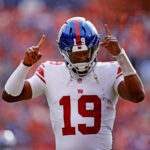 Oct 19, 2025; Denver, Colorado, USA; New York Giants quarterback Jameis Winston (19) reacts before the game against the Denver Broncos at Empower Field at Mile High. Mandatory Credit: Isaiah J. Downing-Imagn Images