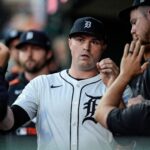 Detroit Tigers pitcher Tarik Skubal high-fives teammates in the dugout after a pitching change during the seventh inning at Comerica Park in Detroit on Wednesday, May 14, 2025.