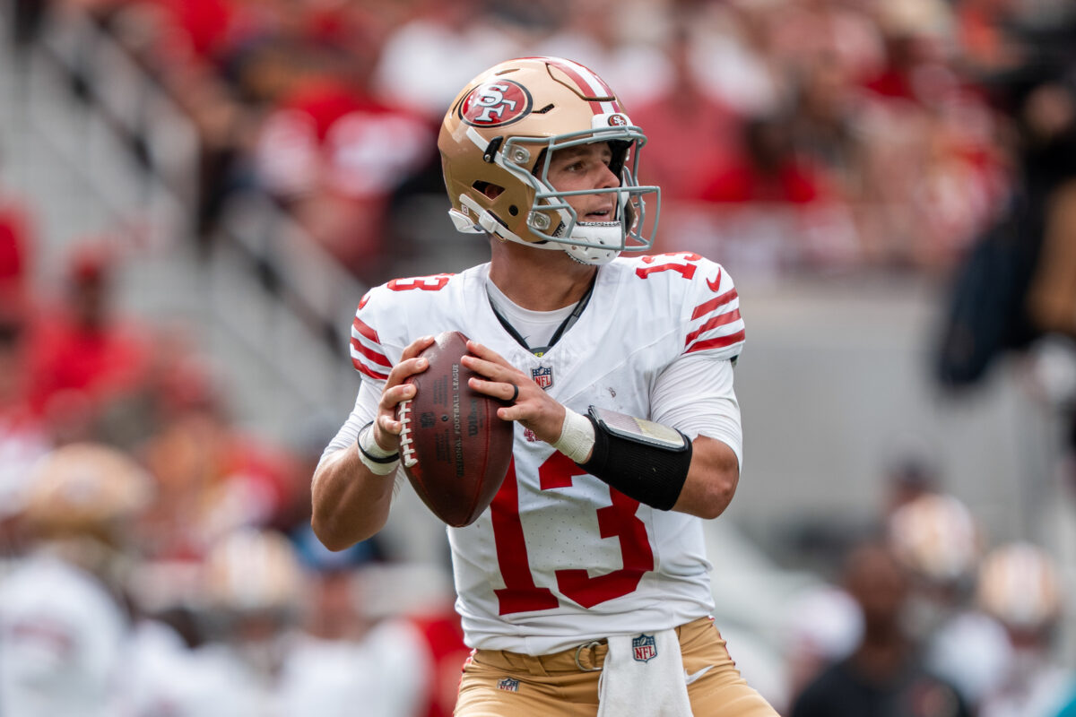 September 28, 2025; Santa Clara, California, USA; San Francisco 49ers quarterback Brock Purdy (13) during the third quarter against the Jacksonville Jaguars at Levi's Stadium. Mandatory Credit: Kyle Terada-Imagn Images