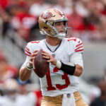 September 28, 2025; Santa Clara, California, USA; San Francisco 49ers quarterback Brock Purdy (13) during the third quarter against the Jacksonville Jaguars at Levi's Stadium. Mandatory Credit: Kyle Terada-Imagn Images