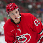 Oct 30, 2025; Raleigh, North Carolina, USA; Carolina Hurricanes defensemen Charles Alexis Legault (62) looks on against the New York Islanders during the third period at Lenovo Center. Mandatory Credit: James Guillory-Imagn Images
