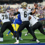NFL Draft 2026 Nov 2, 2025; Inglewood, California, USA; New Orleans Saints quarterback Tyler Shough (6) throws downfield against the Los Angeles Rams during the first half at SoFi Stadium. Mandatory Credit: Kiyoshi Mio-Imagn Images