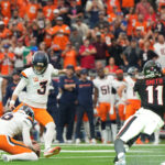 Nov 2, 2025; Houston, Texas, USA; Denver Broncos place kicker Wil Lutz (3) kicks a game-winning field goal during the fourth quarter against the Houston Texans at NRG Stadium. Mandatory Credit: Sean Thomas-Imagn Images