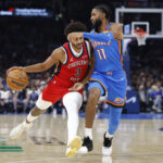 Nov 2, 2025; Oklahoma City, Oklahoma, USA; New Orleans Pelicans guard Jordan Poole (3) drives down the court as Oklahoma City Thunder guard Isaiah Joe (11) defends during the second half at Paycom Center. Mandatory Credit: Alonzo Adams-Imagn Images