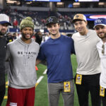 Nov 3, 2025; Arlington, Texas, USA; From left: Dallas Stars player Jamie Benn, Arizona Cardinals quarterback Kyler Murray (1), and Dallas Stars players Wyatt Johnston, Jason Robertson, and Tyler Seguin pose for a photo after the 2027 Stadium Series announcement at AT&T Stadium. Mandatory Credit: Jerome Miron-Imagn Images