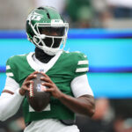 Nov 9, 2025; East Rutherford, New Jersey, USA; New York Jets quarterback Tyrod Taylor (2) warms up before the game against the Cleveland Browns at MetLife Stadium. Mandatory Credit: Vincent Carchietta-Imagn Images