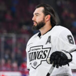Nov 11, 2025; Montreal, Quebec, CAN; Los Angeles Kings defenseman Drew Doughty (8) looks on during warm-up before the game against the Montréal Canadiens at Bell Centre. Mandatory Credit: David Kirouac-Imagn Images
